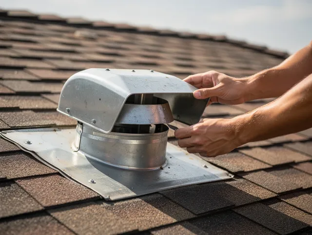 Warren Dryer Vent Cleaning certified technician safely cleaning a roof-mounted dryer vent in Warren