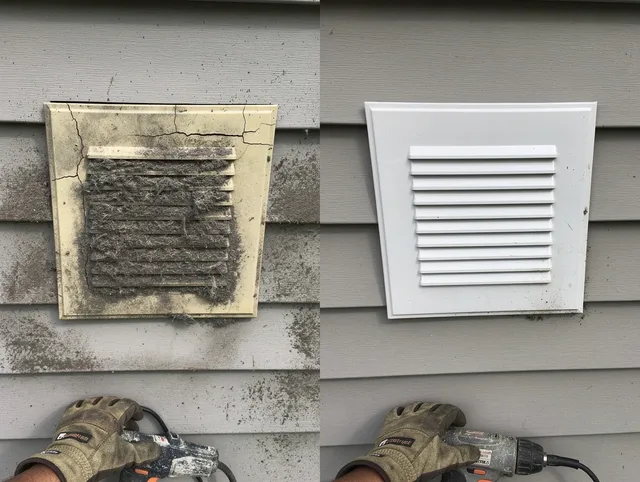 Warren Dryer Vent Cleaning technician installing high-quality dryer vent cover at a residential property in Warren