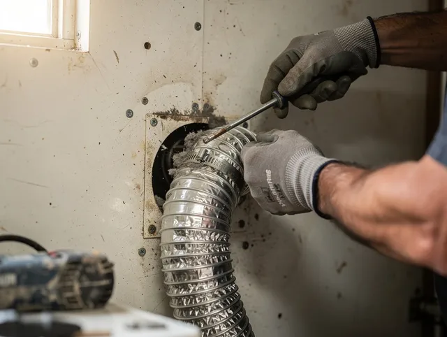 Warren Dryer Vent Cleaning technician performing precise dryer vent hose installation in Warren